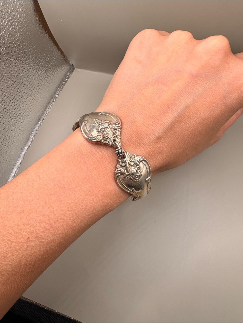 Handmade Silver-Tone Spoon Style Bracelet Floral Scrollwork 7.5”